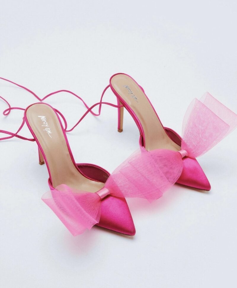 IMG_8805 Pink Satin Bow Detail Strappy Heels - Image 1